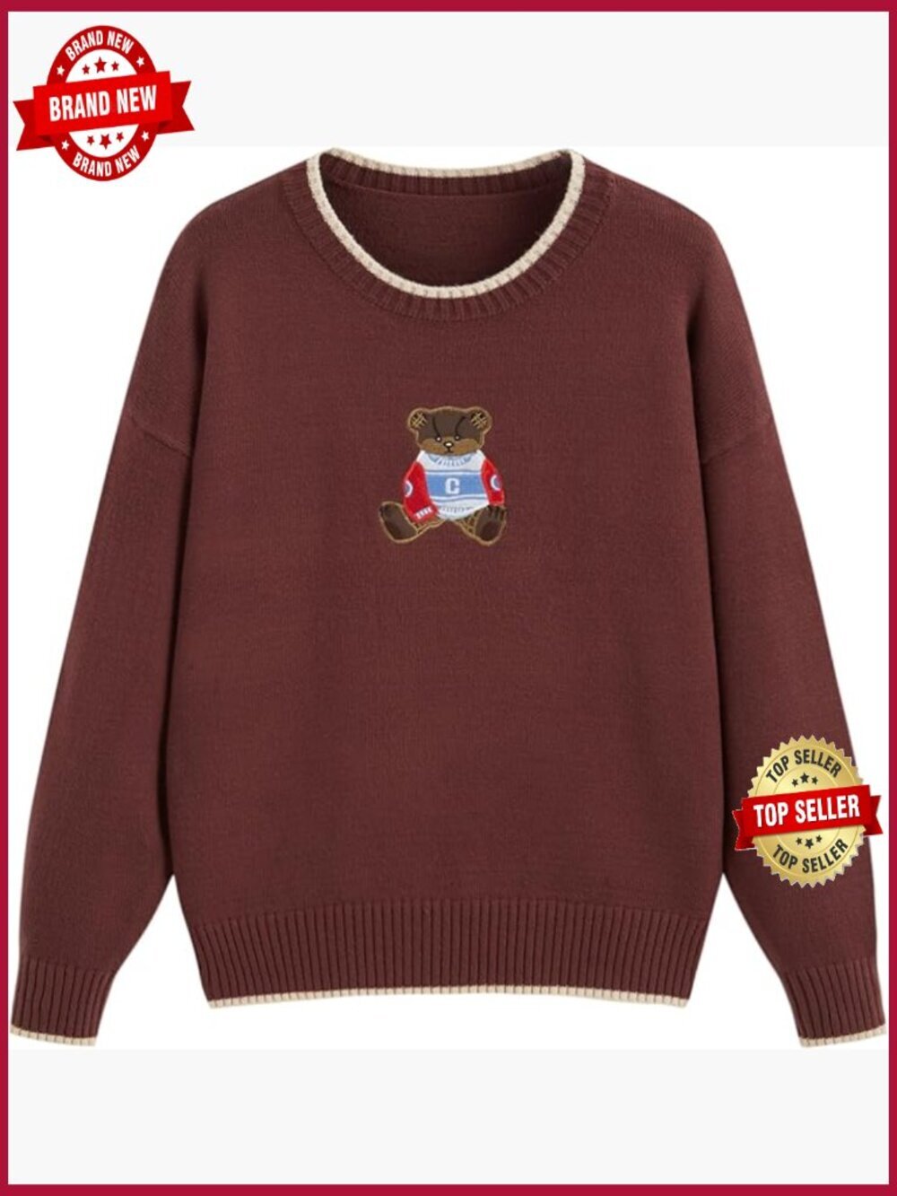 Bear Graphic Crewneck Cropped Pullover Sweater Long Sleeve Soft Knit